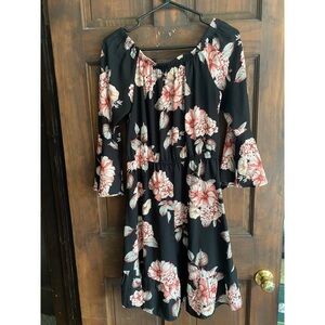 Xhilaration Medium Polyester Dress Bell Sleeve Black Pink Floral Roses